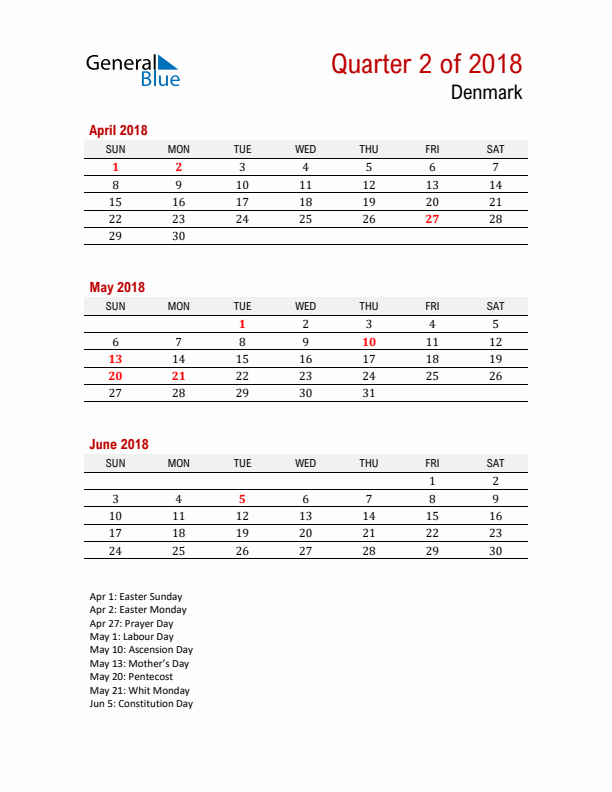 Printable Three Month Calendar with Denmark Holidays