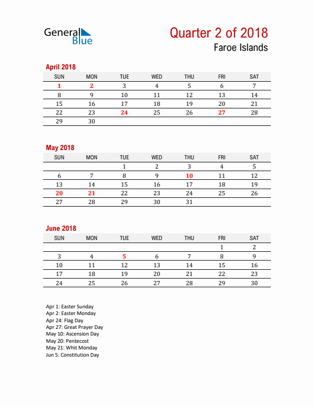 Printable Three Month Calendar with Faroe Islands Holidays