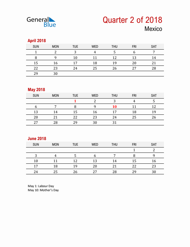 Printable Three Month Calendar with Mexico Holidays