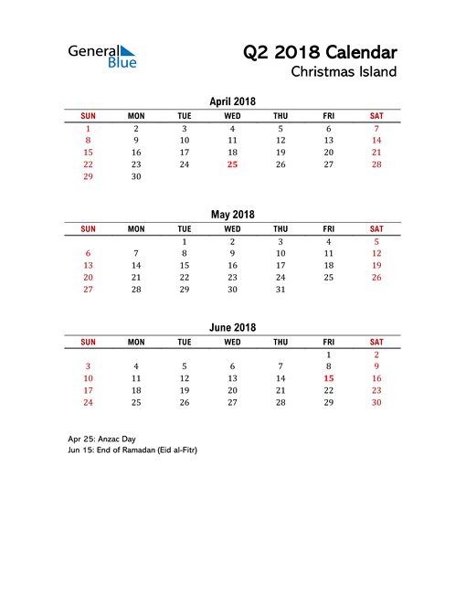  2018 Q2 Calendar with Holidays List