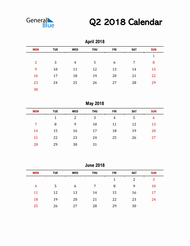 2018 Q2 Calendar with Red Weekend
