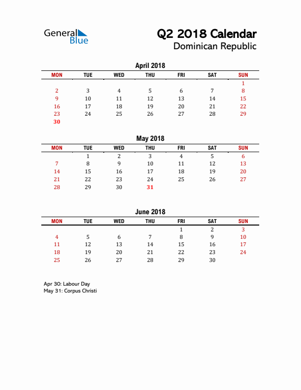 2018 Q2 Calendar with Holidays List for Dominican Republic
