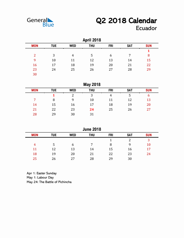 2018 Q2 Calendar with Holidays List for Ecuador