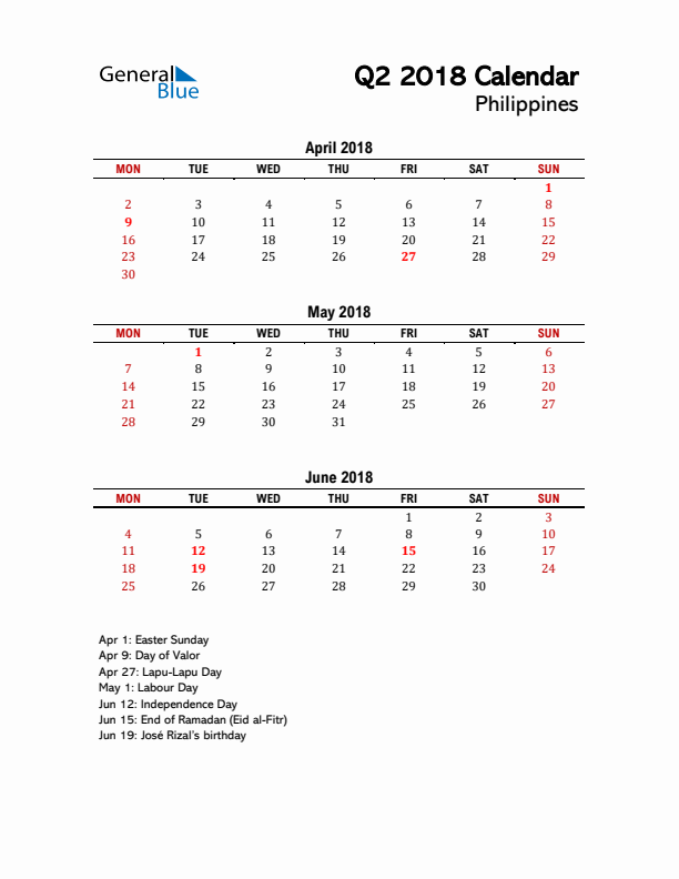 2018 Q2 Calendar with Holidays List for Philippines