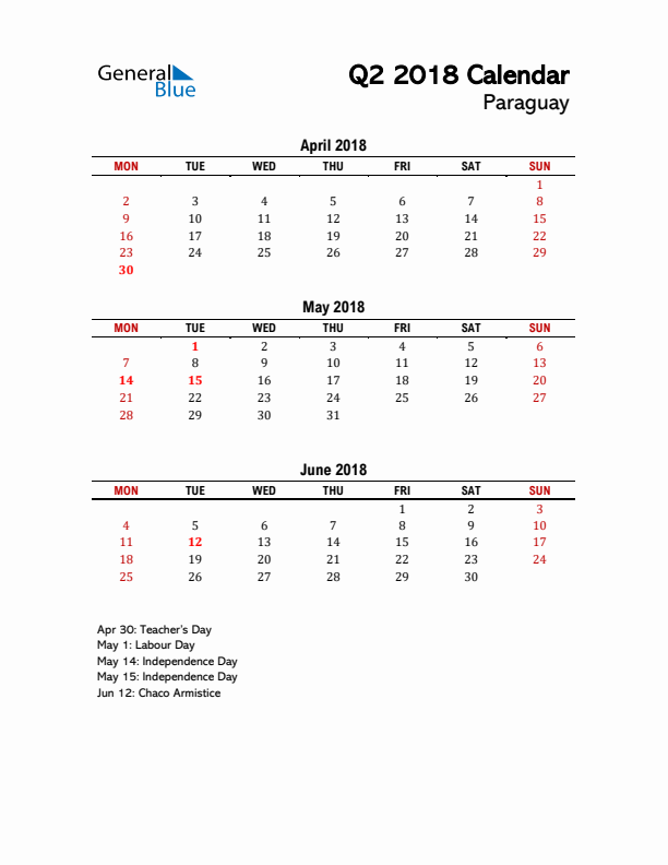 2018 Q2 Calendar with Holidays List for Paraguay