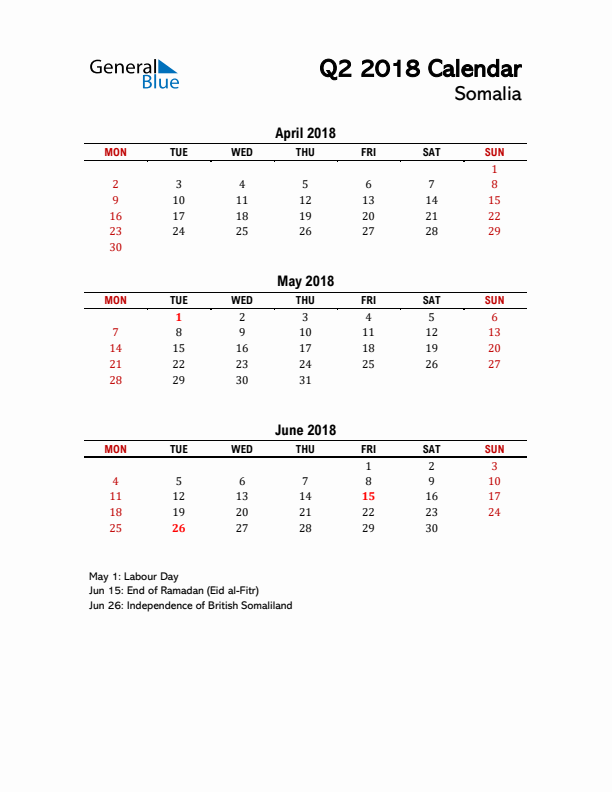 2018 Q2 Calendar with Holidays List for Somalia