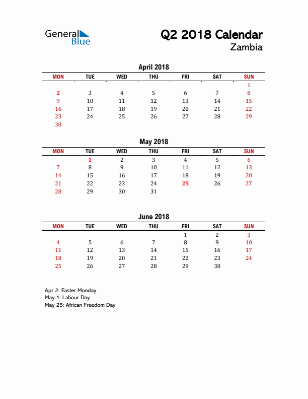 2018 Q2 Calendar with Holidays List for Zambia