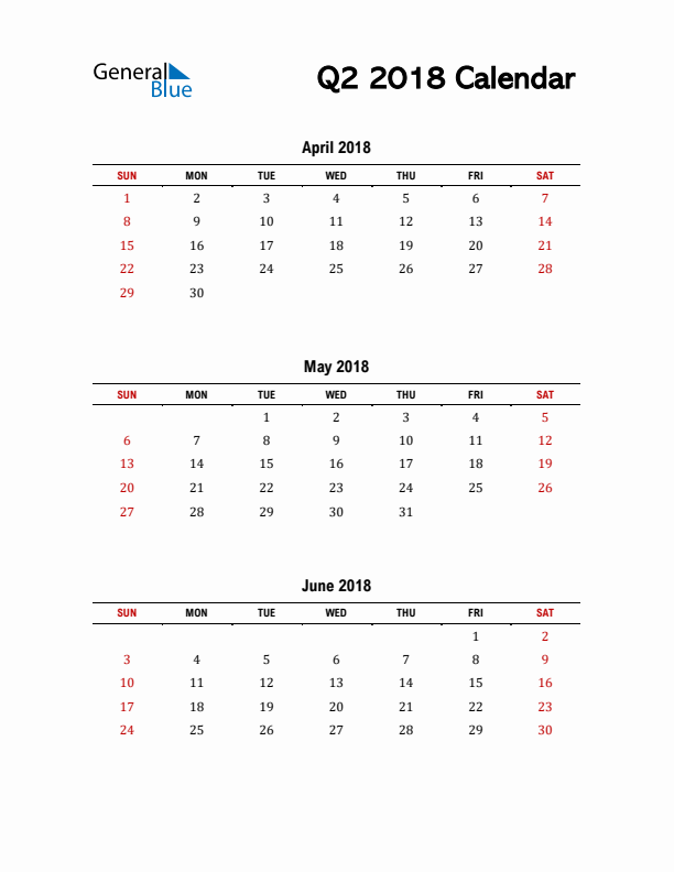 2018 Q2 Calendar with Red Weekend