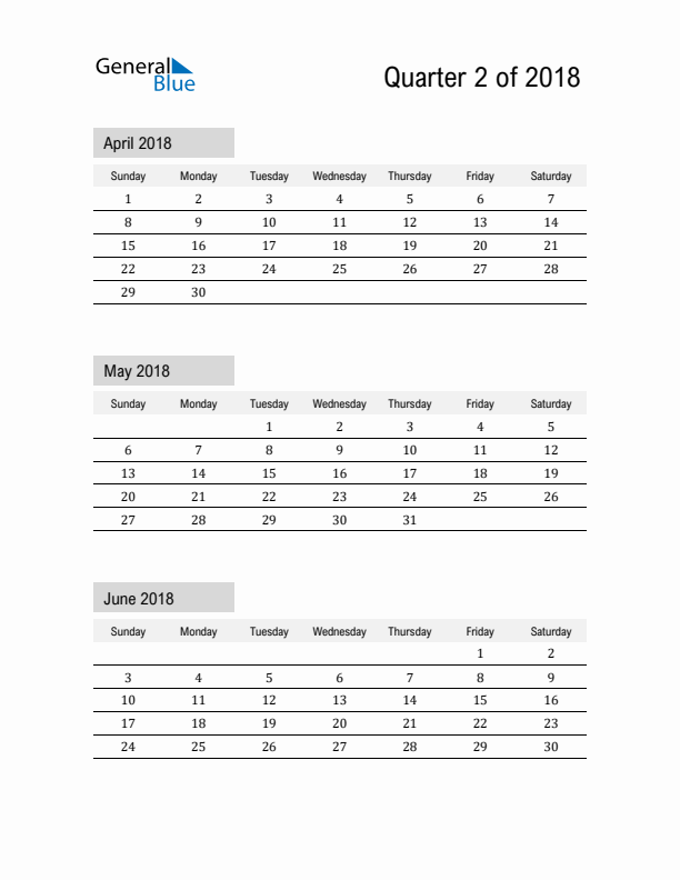 April, May, and June Calendar 2018