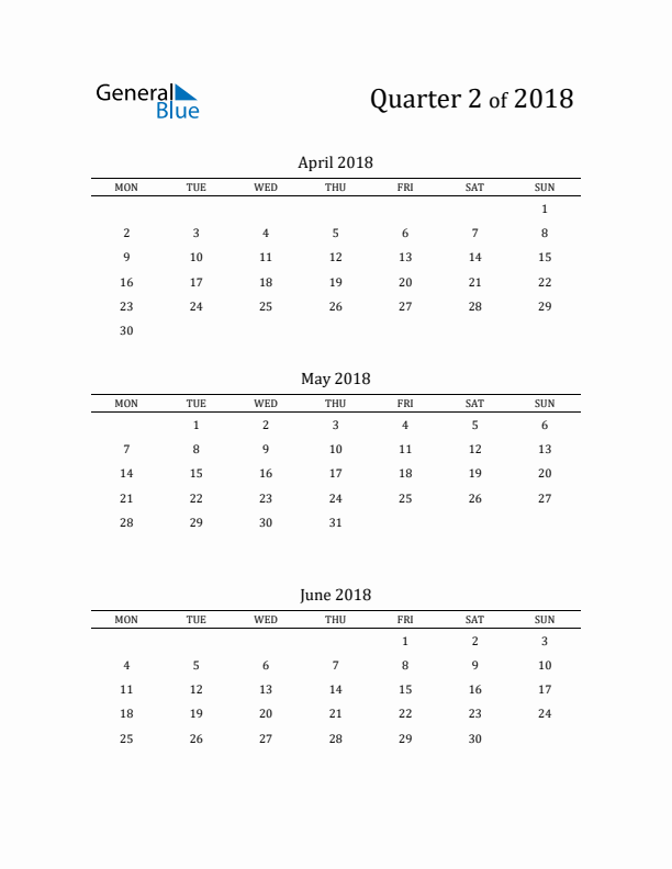 2018 Three-Month Calendar with Monday Start - Quarter 2