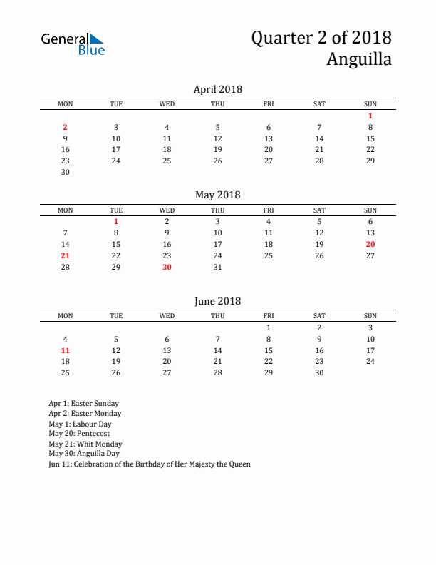 Quarter 2 2018 Anguilla Quarterly Calendar