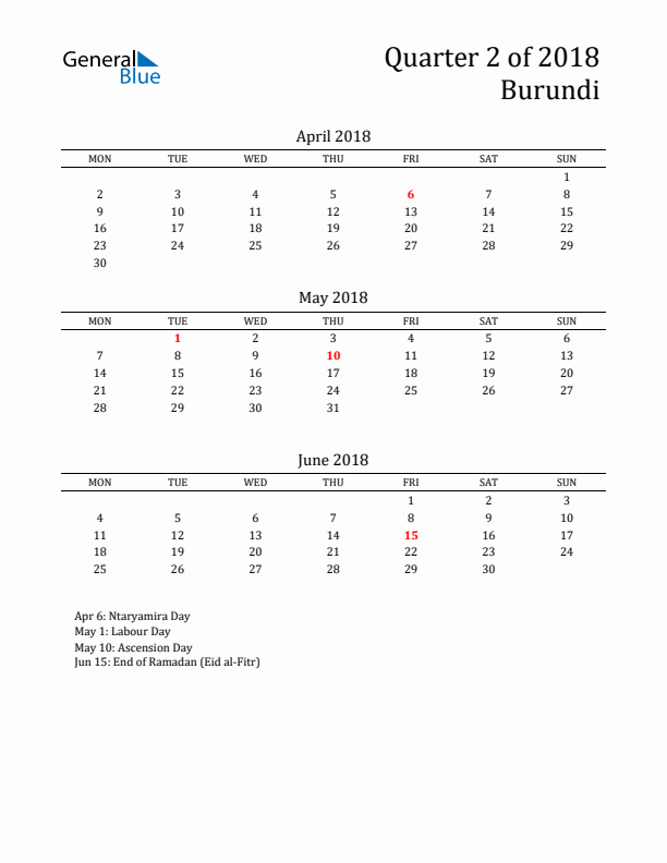 Quarter 2 2018 Burundi Quarterly Calendar