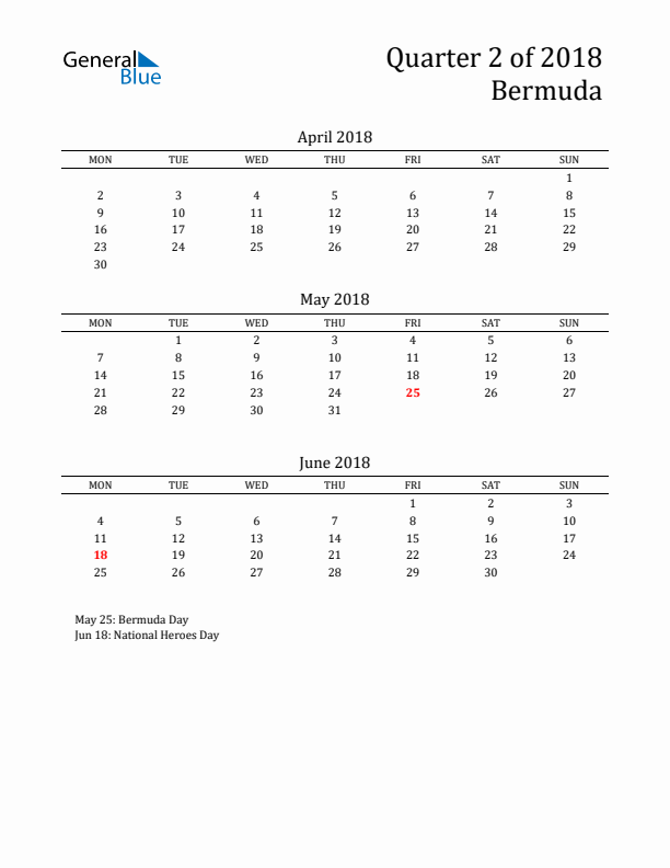 Quarter 2 2018 Bermuda Quarterly Calendar