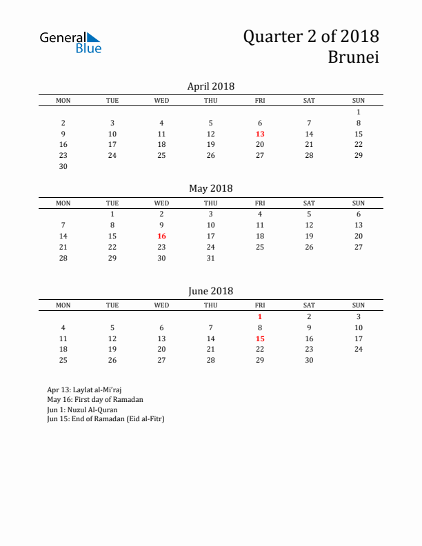 Quarter 2 2018 Brunei Quarterly Calendar