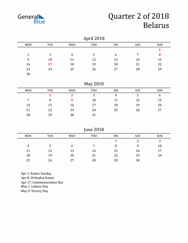 Quarter 2 2018 Belarus Quarterly Calendar