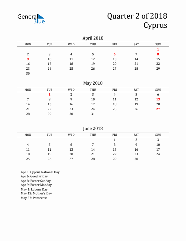 Quarter 2 2018 Cyprus Quarterly Calendar