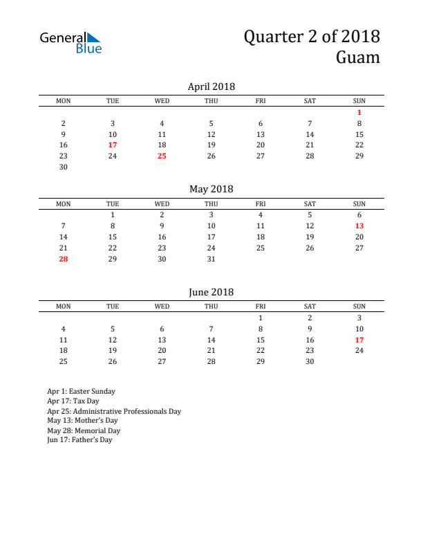 Quarter 2 2018 Guam Quarterly Calendar