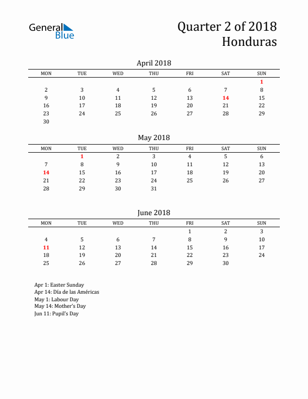Quarter 2 2018 Honduras Quarterly Calendar
