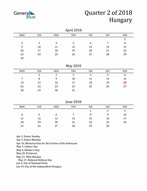 Quarter 2 2018 Hungary Quarterly Calendar