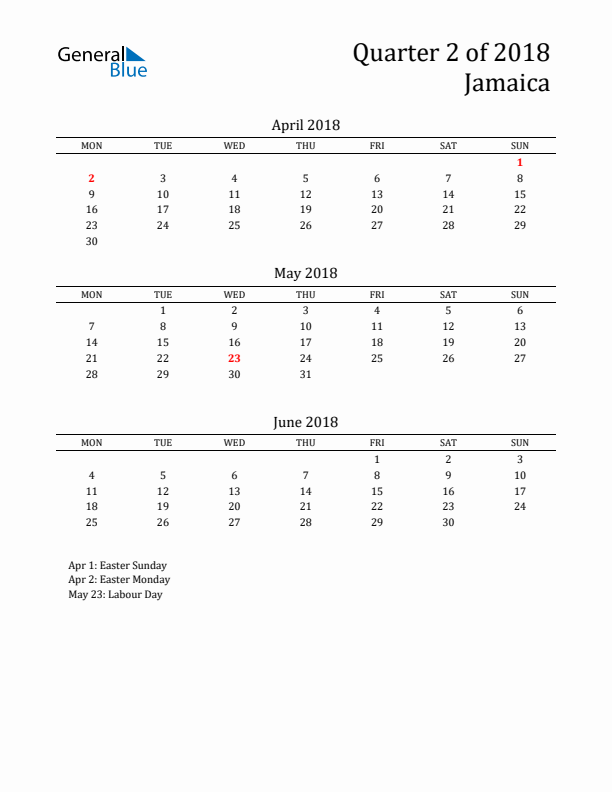 Quarter 2 2018 Jamaica Quarterly Calendar