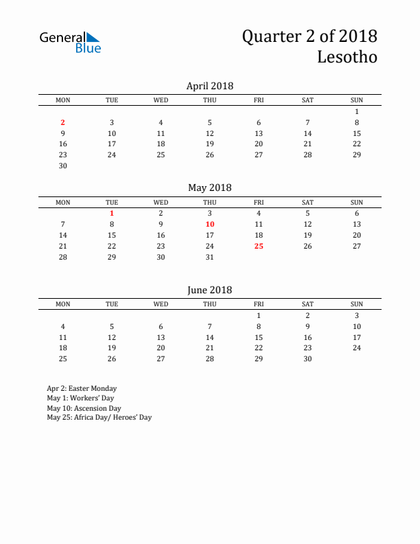 Quarter 2 2018 Lesotho Quarterly Calendar