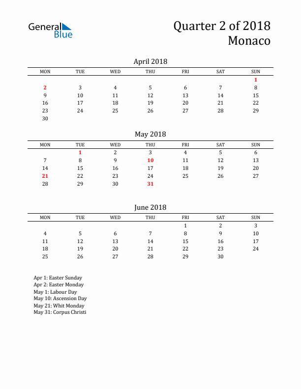 Quarter 2 2018 Monaco Quarterly Calendar