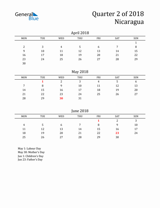 Quarter 2 2018 Nicaragua Quarterly Calendar
