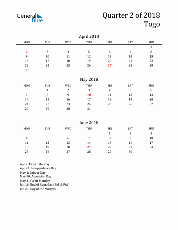 Quarter 2 2018 Togo Quarterly Calendar