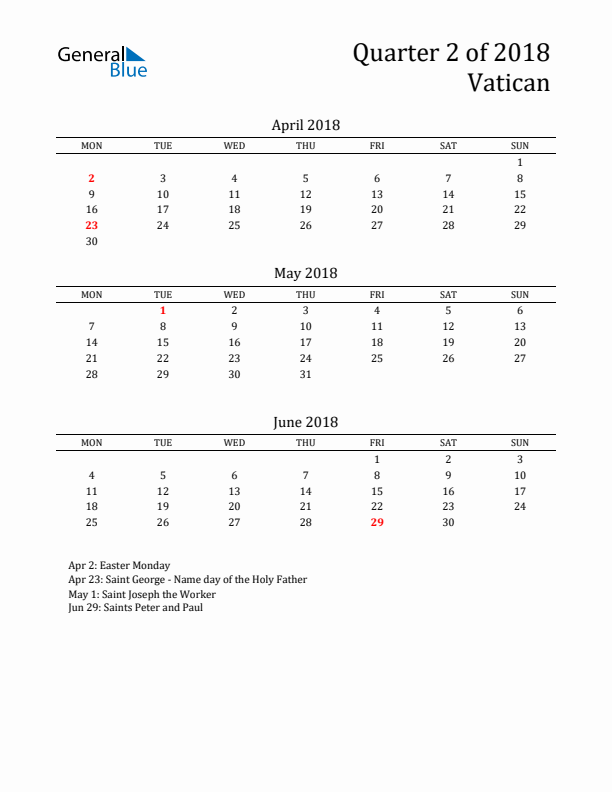 Quarter 2 2018 Vatican Quarterly Calendar