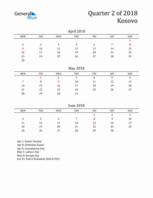 Quarter 2 2018 Kosovo Quarterly Calendar