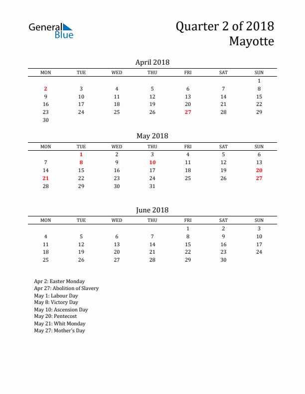 Quarter 2 2018 Mayotte Quarterly Calendar