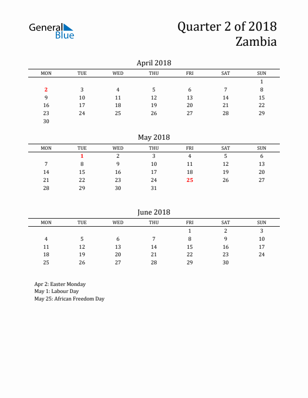 Quarter 2 2018 Zambia Quarterly Calendar