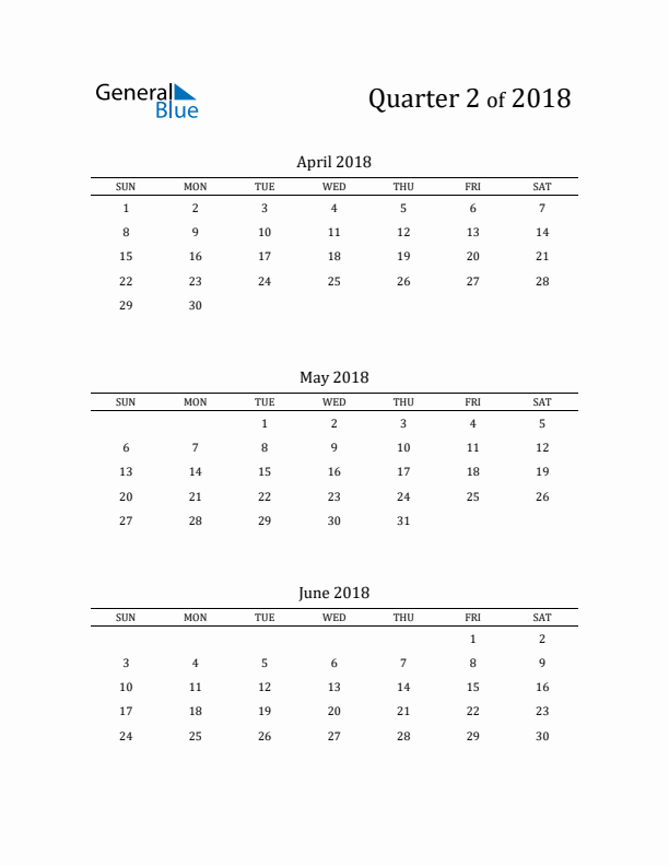 2018 Three-Month Calendar with Sunday Start - Quarter 2
