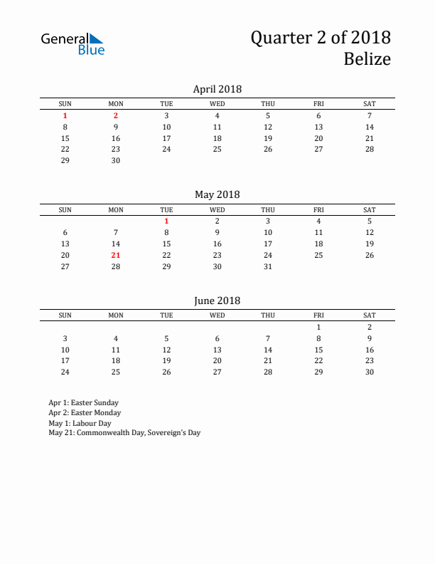 Quarter 2 2018 Belize Quarterly Calendar