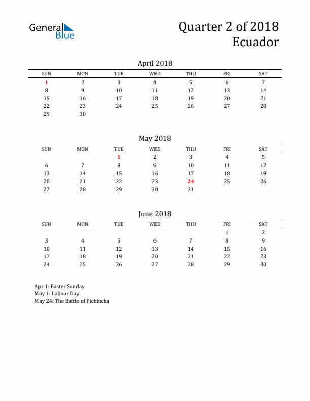 Quarter 2 2018 Ecuador Quarterly Calendar