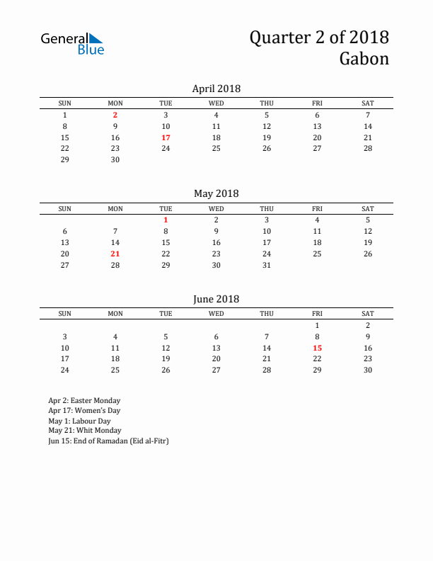 Quarter 2 2018 Gabon Quarterly Calendar