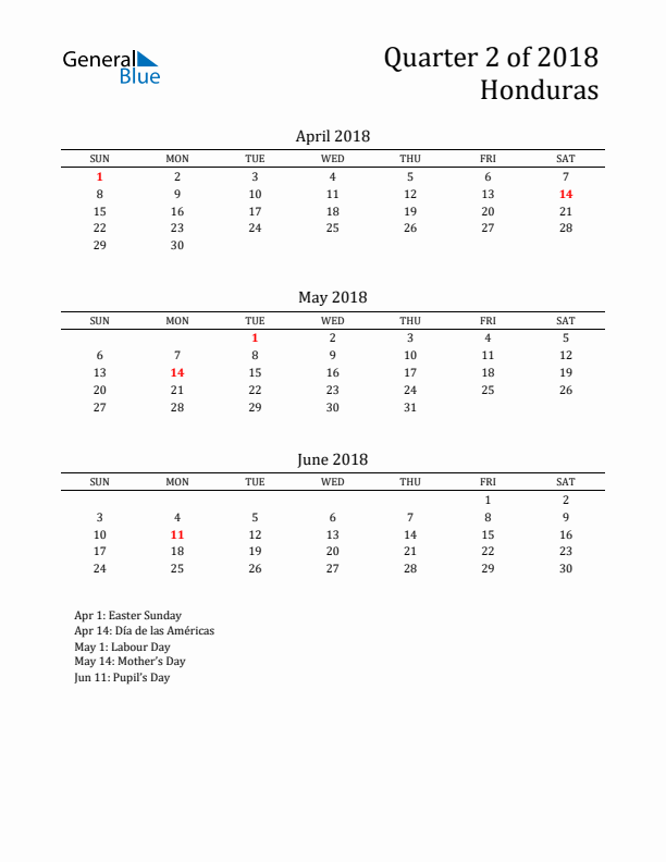 Quarter 2 2018 Honduras Quarterly Calendar