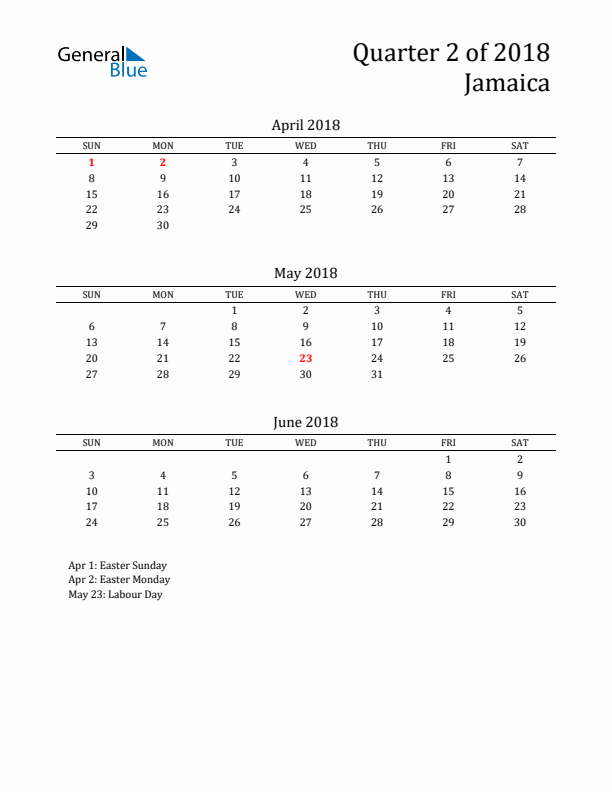 Quarter 2 2018 Jamaica Quarterly Calendar