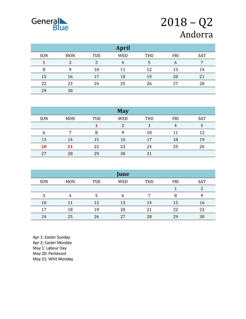  Three-Month Planner for Q2 2018 with Holidays