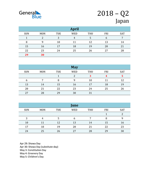  Three-Month Planner for Q2 2018 with Holidays