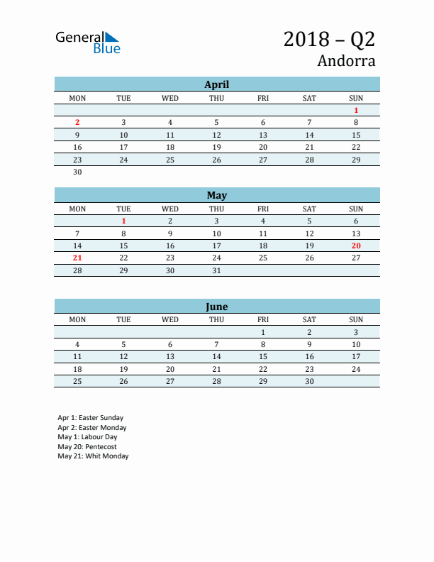 Three-Month Planner for Q2 2018 with Holidays - Andorra