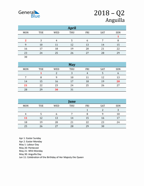 Three-Month Planner for Q2 2018 with Holidays - Anguilla