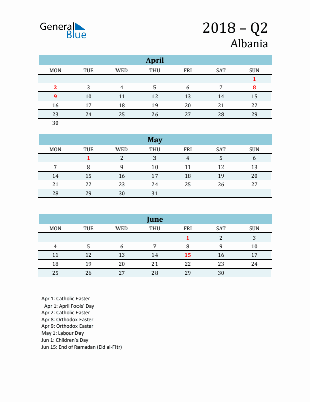 Three-Month Planner for Q2 2018 with Holidays - Albania
