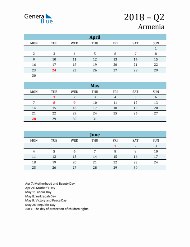 Three-Month Planner for Q2 2018 with Holidays - Armenia