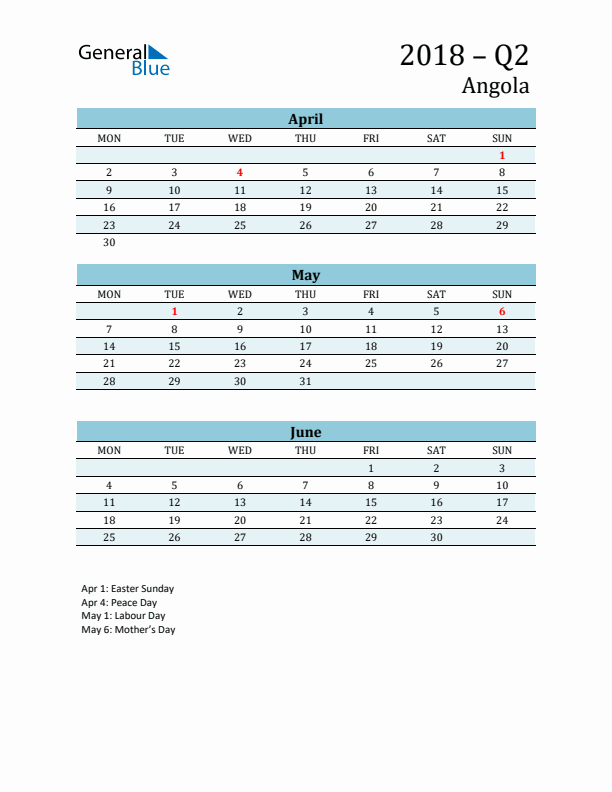 Three-Month Planner for Q2 2018 with Holidays - Angola