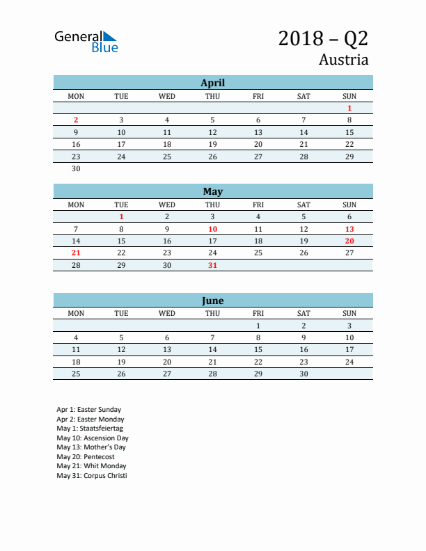 Three-Month Planner for Q2 2018 with Holidays - Austria
