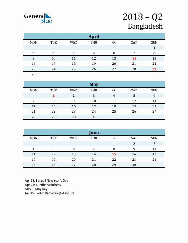 Three-Month Planner for Q2 2018 with Holidays - Bangladesh