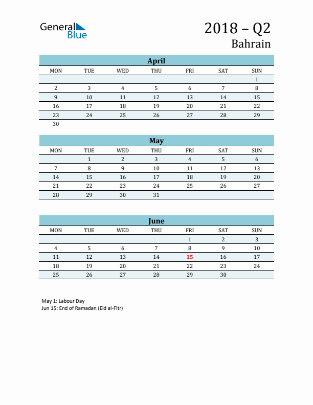 Three-Month Planner for Q2 2018 with Holidays - Bahrain