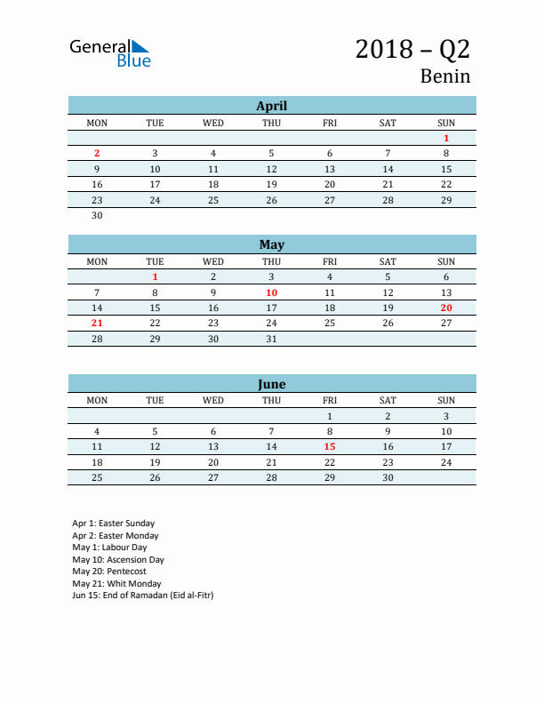 Three-Month Planner for Q2 2018 with Holidays - Benin