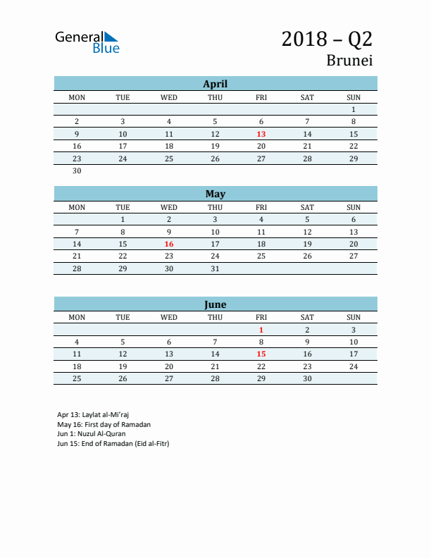 Three-Month Planner for Q2 2018 with Holidays - Brunei